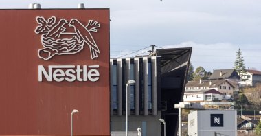 A logo of food giant Nestle is seen in a building in Orbe, Switzerland, Feb. 9, 2024. (Reuters Photo)