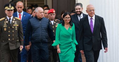 (From L-R) Venezuela's Defense Minister Vladimir Padrino Lopez, Interior Minister Diosdado Cabello, interim President Delcy Rodriguez, Nicolas Maduro Guerra, son of ousted president Nicolas Maduro, and National Assembly President Jorge Rodriguez, walk together at the National Assembly, in Caracas, Venezuela, Jan. 5, 2026. (Reuters Photo)