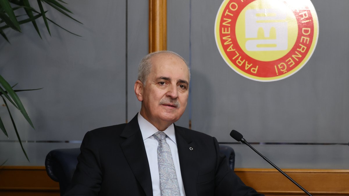 Parliament Speaker Numan Kurtulmuş visits parliamentary correspondents at the Turkish Grand National Assembly, Ankara, Türkiye, Jan. 8, 2025. (AA Photo)