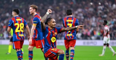 Barcelona's Raphinha celebrates after scoring during the Spanish Super Cup semifinal match against Athletic Bilbao at King Abdullah Sports City, Jeddah, Saudi Arabia, Jan. 7, 2026. (Reuters Photo)