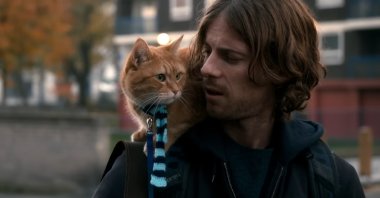 A still shot from the movie "A Street Cat Named Bob" showcases Bob the cat on the shoulder of his owner, James.