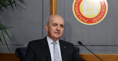 Parliament Speaker Numan Kurtulmuş visits parliamentary correspondents at the Turkish Grand National Assembly, Ankara, Türkiye, Jan. 8, 2025. (AA Photo)