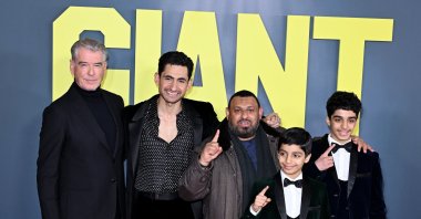 (L-R) Pierce Brosnan, Amir El-Masry, 'Prince' Naseem Hamed, Ghaith Saleh and Ali Saleh attend the "Giant" UK Gala Screening at Picturehouse Central, London,  U.K., Jan. 7, 2026. (Getty Images Photo)
