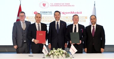 Energy and Natural Resources Minister Alparslan Bayraktar (C) poses alongside TPAO and ExxonMobil executives in this photo shared on his social media account on Jan. 8, 2026. (Courtesy of @aBayraktar1/X)