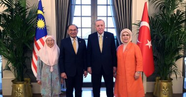President Recep Tayyip Erdoğan and first lady Emine Erdoğan receive Malaysian Prime Minister Anwar Ibrahim and first lady Wan Azizah Ismail at the Presidential Complex, Ankara, Türkiye, Jan. 8, 2026. (DHA Photo)