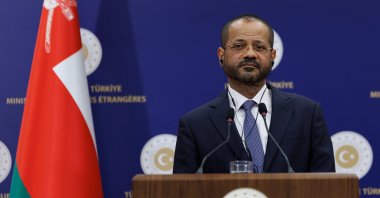 Omani Foreign Minister Sayyid Badr Hamad Albusaidi speaks at a joint news conference with FM Hakan Fidan in Ankara, Jan. 8, 2026. (AA Photo)