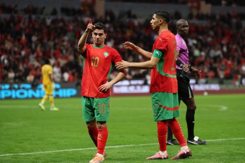 Morocco's Brahim Diaz (L) celebrates after scoring during the AFCON round of 16 match against Tanzania at Prince Moulay Abdellah Stadium, Rabat, Morocco, Jan. 4, 2026. (Reuters Photo)