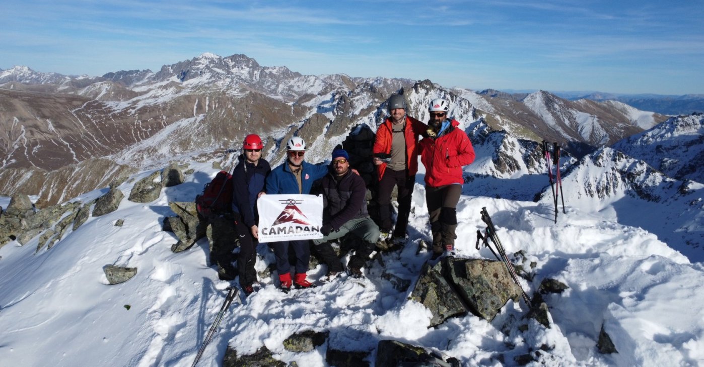 Turkish mountaineers pose on a peak in the Kaçkar Mountains, where they discovered a note left by Italian climbers, northeastern Türkiye, Jan. 8, 2026. (AA Photo)