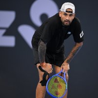 Australia's Nick Kyrgios reacts during the men's doubles match against France's Sadio Doumbia and Fabien Reboul during the Brisbane International tennis tournament at Pat Rafter Arena, Brisbane, Australia, Jan. 7, 2026. (EPA Photo)