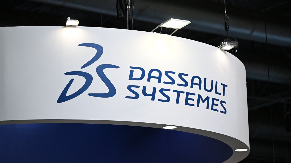 The Dassault Systemes logo is seen at the World Nuclear Exhibition at the Villepinte Exhibition Center, Paris, France, Nov. 4, 2025. (Reuters Photo)
