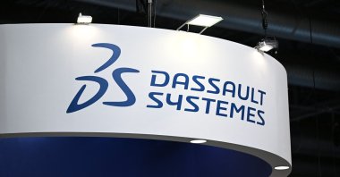 The Dassault Systemes logo is seen at the World Nuclear Exhibition at the Villepinte Exhibition Center, Paris, France, Nov. 4, 2025. (Reuters Photo)