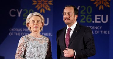 Greek Cypriot leader Nikos Christodoulides and European Commission President Ursula von der Leyen attend the official opening ceremony of the Greek Cypriot administration taking over the EU presidency at the THOC theater, Nicosia (Lefkoşa), island of Cyprus, Jan. 7, 2026. (Reuters Photo)