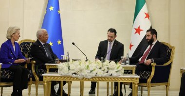 Syrian President Ahmed Al-Sharaa receives European Council President Antonio Costa and European Commission President Ursula von der Leyen (L) in Damascus, Syria, Jan. 9, 2026. (EPA Photo)
