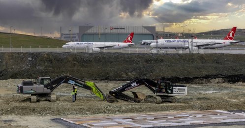 Excavators are seen at Istanbul Airport with Turkish Airlines aircraft in the background, Istanbul, Türkiye, Jan. 8, 2026. (IHA Photo)
