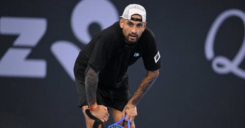 Australia's Nick Kyrgios reacts during the men's doubles match against France's Sadio Doumbia and Fabien Reboul during the Brisbane International tennis tournament at Pat Rafter Arena, Brisbane, Australia, Jan. 7, 2026. (EPA Photo)