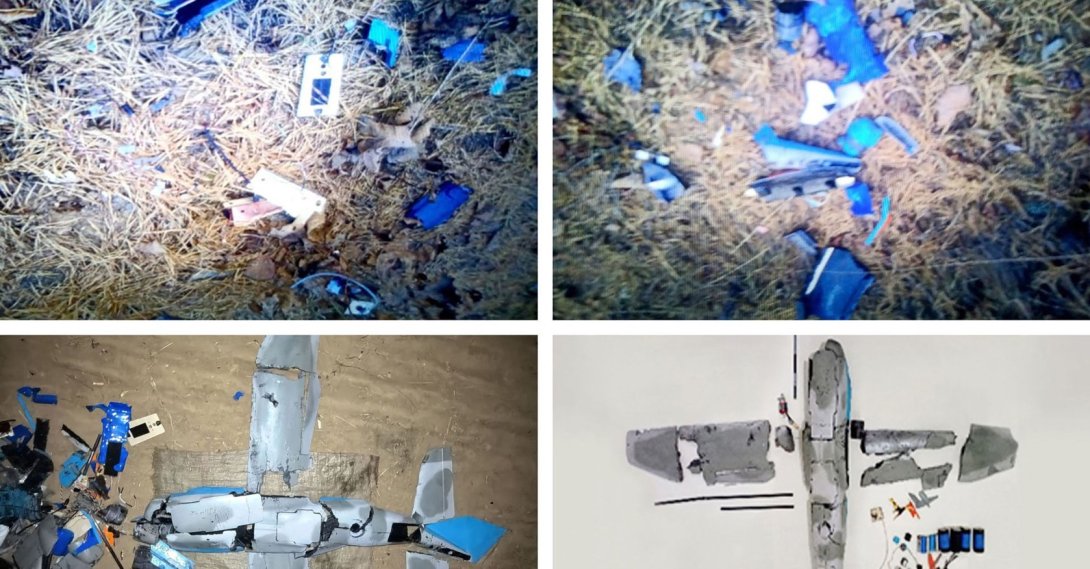 These images taken on Jan. 4, 2026, and released as a combo image by North Korea's official Korean Central News Agency (KCNA) via KNS on Jan. 10, 2026, shows wreckage of a drone that North Korea claims originated from South Korea, and brought down by specialized electronic warfare assets after violating North Korean airspace. (AFP Photo)