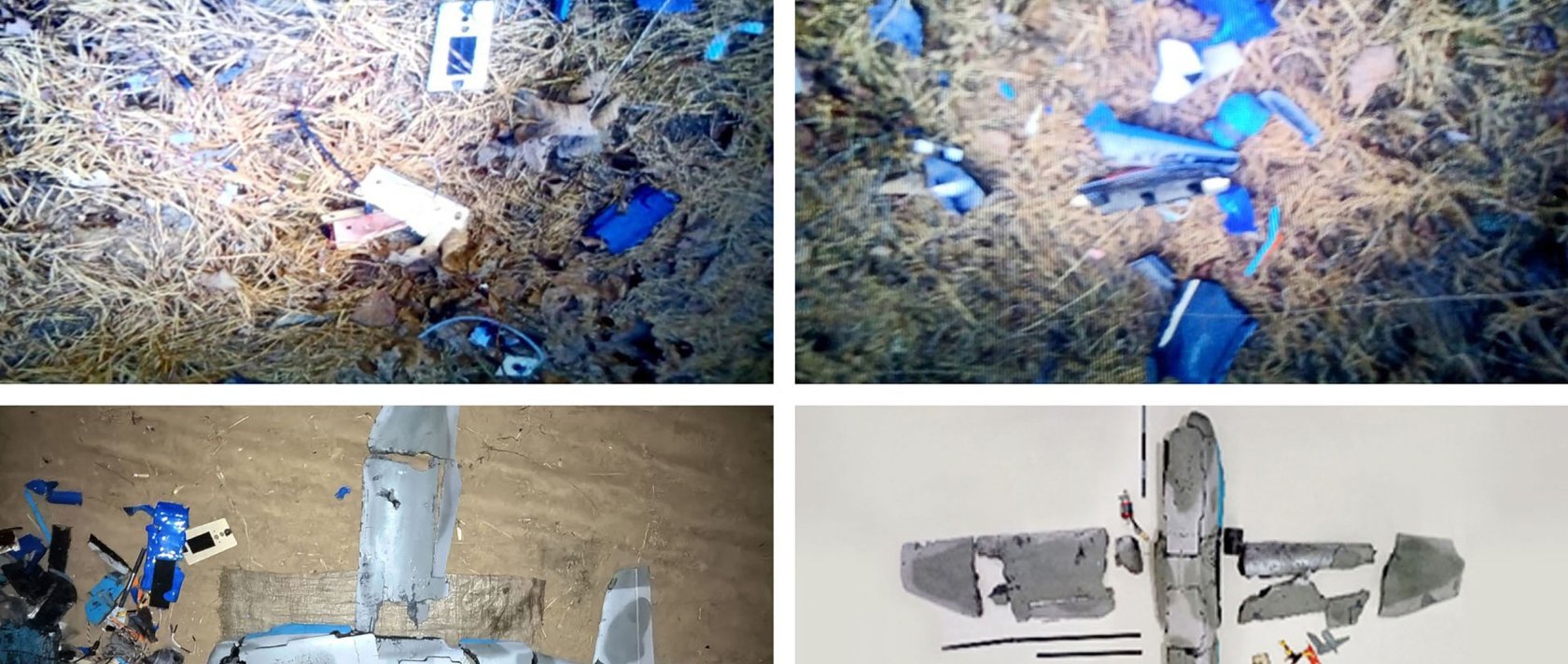 These images taken on Jan. 4, 2026, and released as a combo image by North Korea's official Korean Central News Agency (KCNA) via KNS on Jan. 10, 2026, shows wreckage of a drone that North Korea claims originated from South Korea, and brought down by specialized electronic warfare assets after violating North Korean airspace. (AFP Photo)