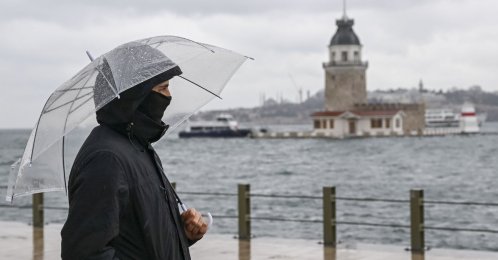 A man walks along the shore during a rainstorm in Üsküdar district, Istanbul, Türkiye, Jan. 11, 2026. (AA Photo)