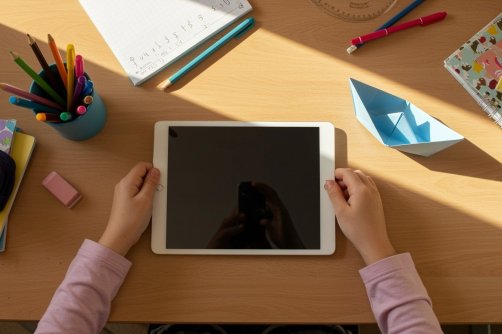 A student uses a tablet at her desk at home. (Shutterstock Photo)