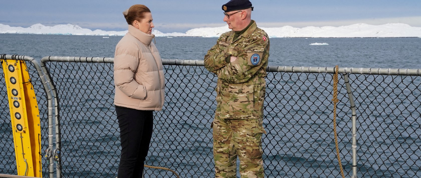 Denmark's Prime Minister Mette Frederiksen talks with the head of the Arctic Command Soeren Andersen, aboard the Defense's inspection vessel Vaedderen in the waters around Nuuk, Greenland, April 3, 2025.  (Reuters Photo)