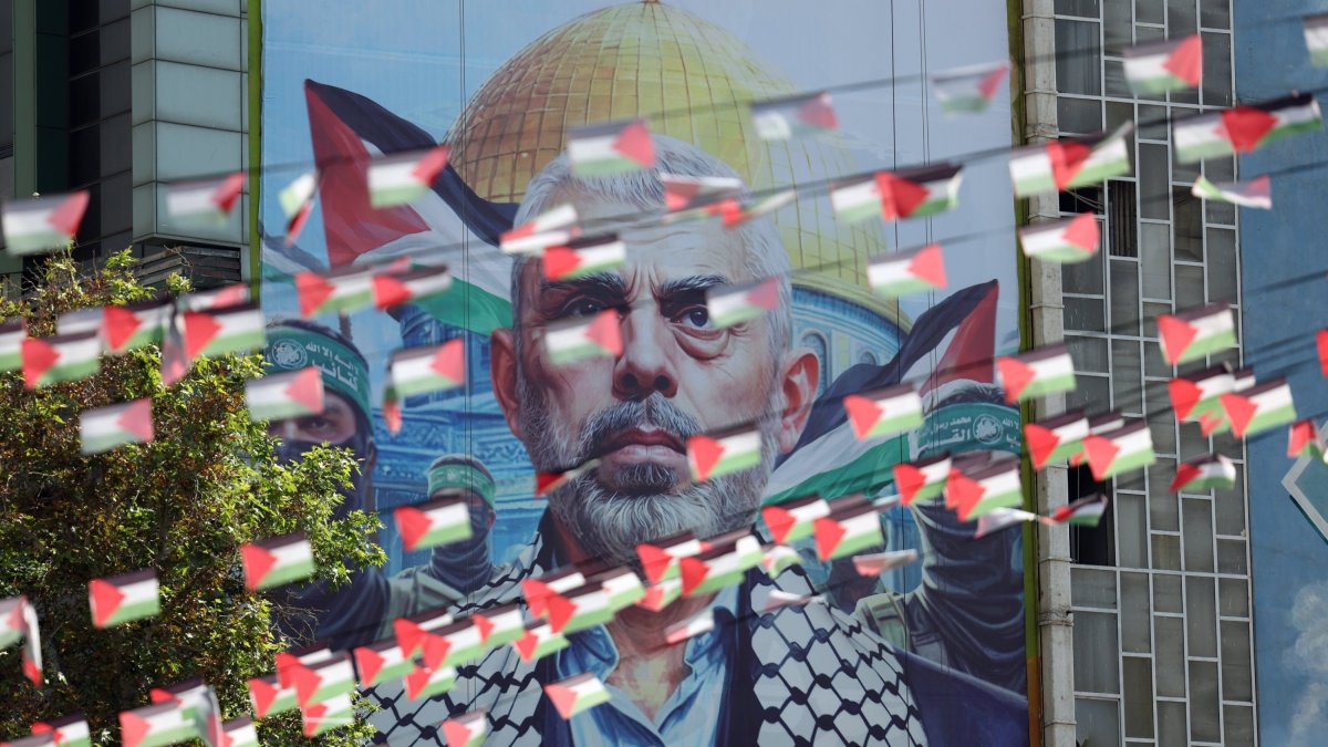 A billboard of Hamas' slain leader Yahya Sinwar is displayed at the Palestine square in Tehran, Iran, Oct. 19, 2024. (EPA File Photo)