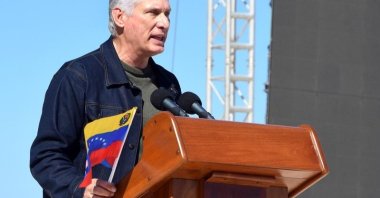Cuban President Miguel Diaz-Canel delivers a speech at an event condemning the U.S. military aggression against Venezuela in Havana, capital of Cuba, Jan. 3, 2026. (DHA Photo)
