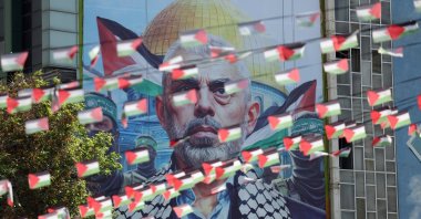 A billboard of Hamas' slain leader Yahya Sinwar is displayed at the Palestine square in Tehran, Iran, Oct. 19, 2024. (EPA File Photo)