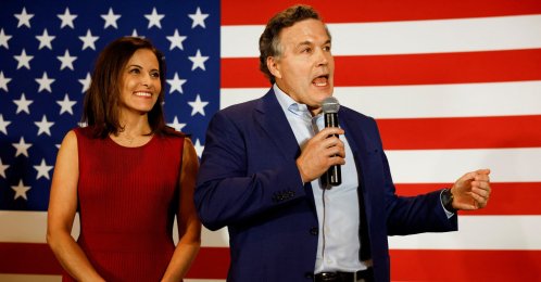 Republican Party U.S. Senate candidate David McCormick speaks to supporters alongside his wife, Dina Powell McCormick, at an election night event in Pittsburgh, Pennsylvania, U.S. May 17, 2022. (Reuters Photo)