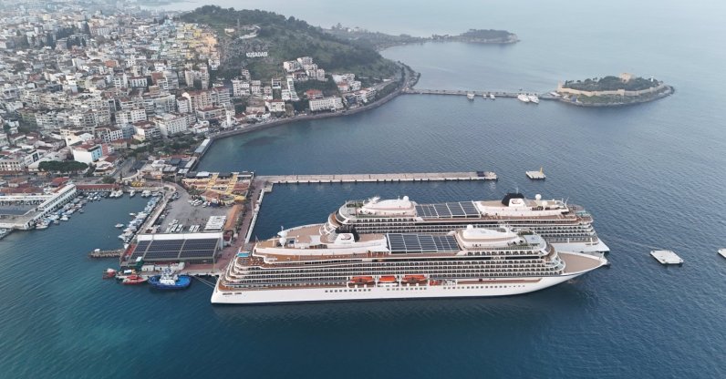 Cruise ships are docked at a port in the Aegean resort town of Kuşadası, Türkiye, Dec. 23, 2025. (AA Photo)