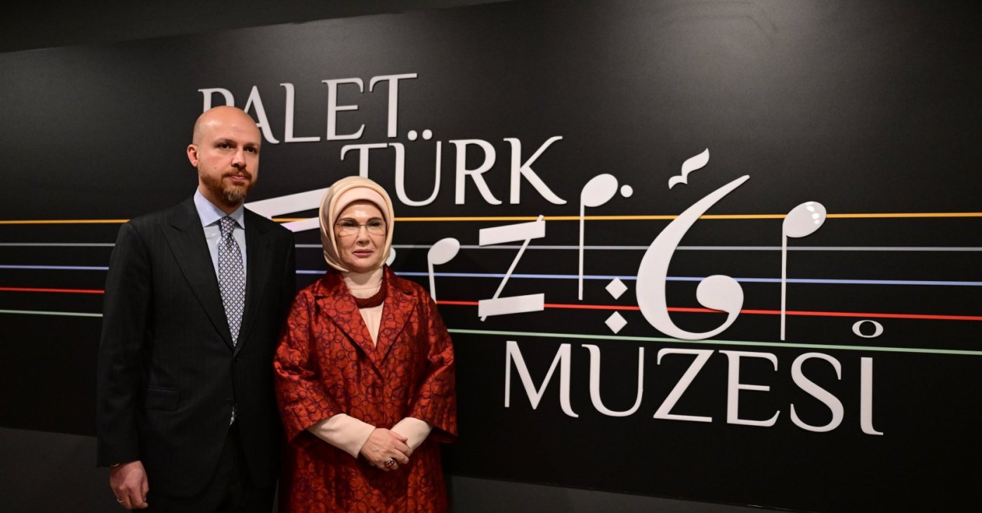 First lady Emine Erdoğan and Bilal Erdoğan, chairperson of the board of trustees of the YETEV Foundation, visit Palet Turkish Music Primary School, Istanbul, Türkiye, Jan. 9, 2026. (AA Photo)