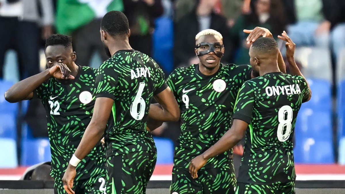 Nigeria's Victor Osimhen (2nd R) celebrates scoring his team's first goal during the Africa Cup of Nations (AFCON) quarterfinal football match against Algeria at the Grand stadium, Marrakesh, Morocco, Jan. 10, 2026. (AFP Photo)
