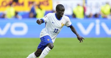 France's N'Golo Kante runs with the ball during a round of sixteen match between France and Belgium at the Euro 2024 tournament, Duesseldorf, Germany, July 1, 2024. (AP Photo)