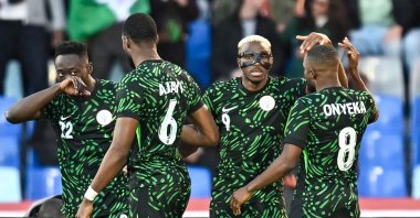 Nigeria's Victor Osimhen (2nd R) celebrates scoring his team's first goal during the Africa Cup of Nations (AFCON) quarterfinal football match against Algeria at the Grand stadium, Marrakesh, Morocco, Jan. 10, 2026. (AFP Photo)