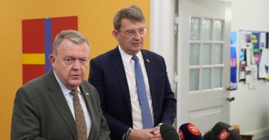 Danish Foreign Minister Lars Lokke Rasmussen (L) and Defense Minister Troels Lund Poulsen speak to journalists, in Copenhagen, Denmark, Jan. 13, 2026. (Reuters Photo)