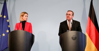  German Defense Minister Boris Pistorius and EU High Representative for Foreign Affairs and Security Policy Kaja Kallas address a news conference at the Ministry of Defense in Berlin, Germany, Jan. 13, 2026. (EPA Photo)