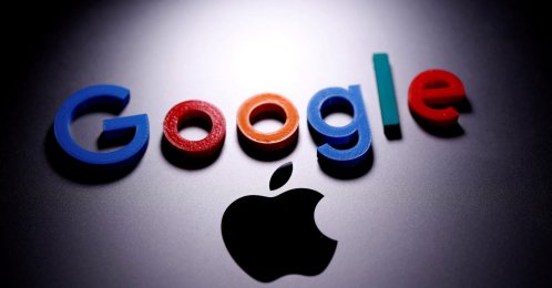 A 3D printed Google logo is placed on the Apple MacBook in this illustration created on April 12, 2020. (Reuters Photo)
