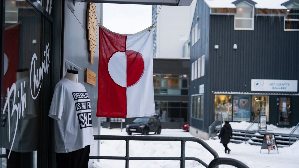 A Greenlandic flag hangs in front of a building in Nuuk, Greenland, Jan. 14, 2026. (AFP Photo)