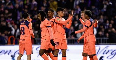 Barcelona's Marcus Rashford (3rd L) celebrates after scoring his side's second goal with his teammates during the Copa del Rey match against Guadalajara, Guadalajara, Spain, Dec. 16, 2025. (AP Photo)