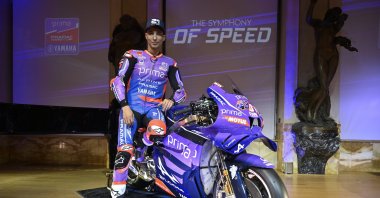 Turkish rider Toprak Razgatlıoğlu poses with the Prima Pramac Yamaha he will race in the 2026 MotoGP season during the bike’s official launch at the Accademia Musicale Chigiana, Siena, Italy, Jan. 1, 2026. (AA Photo)