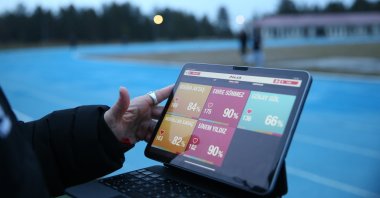 A screen shows Turkish national team badminton players' vitals as they train at the Kastamonu National Teams Camp Training Center, Kastamonu, Türkiye, Jan. 14, 2026. (AA Photo)