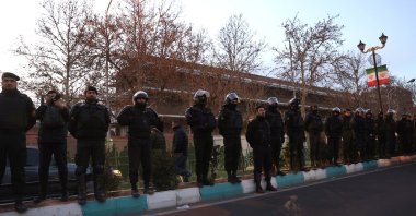 Members of the Iranian police stand guard at a protest in front of the British embassy following anti-government protests in Tehran, Iran, Jan.14, 2026. (WANA via Reuters)