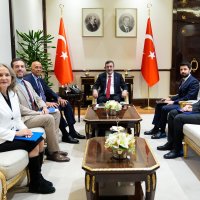 Vice President Cevdet Yılmaz (C) attends a meeting with U.S. Ambassador to Ankara Tom Barrack (3-L) and his delegation, Ankara, Türkiye, Jan. 15, 2025. (AA Photo)