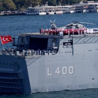 The TCG Anadolu, Türkiye's first amphibious assault ship, sails during a parade, Istanbul, Türkiye, Aug. 24, 2025. (Reuters Photo)