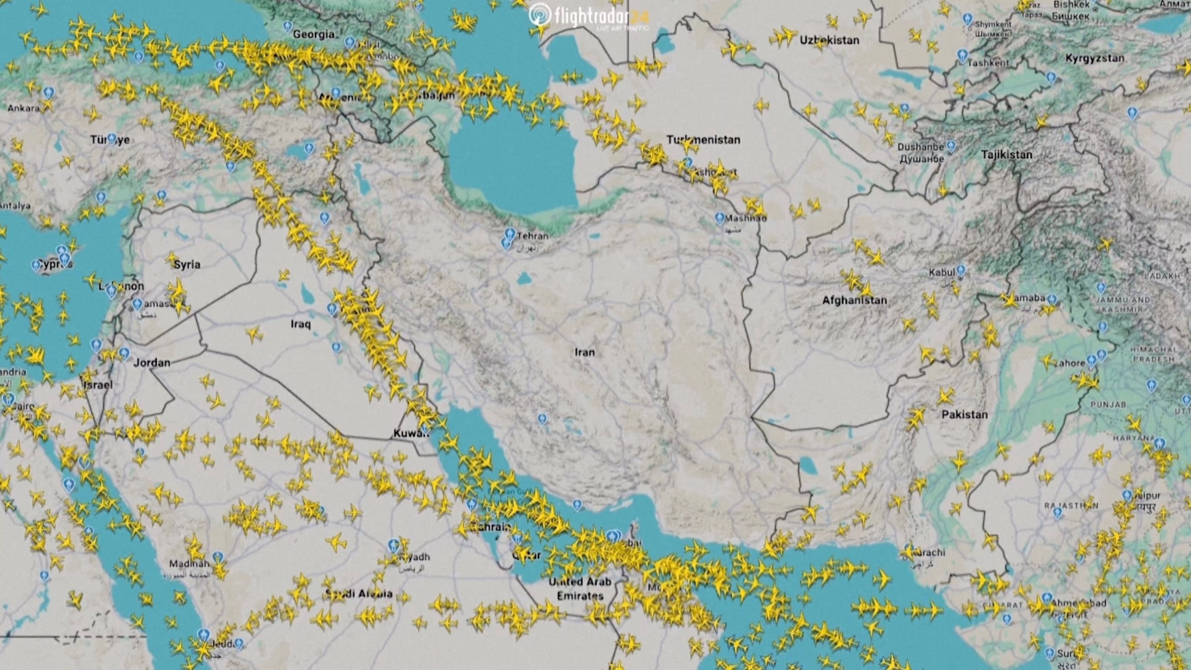 This FlightRadar24.com screengrab shows empty airspace over Iran, during a temporary closure of the country's airspace, Jan. 14, 2026. (Reuters Photo)