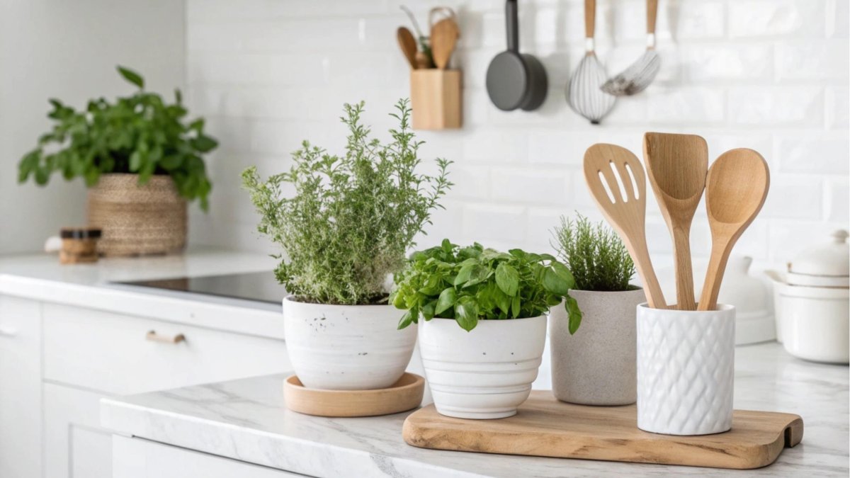 Potted herbs and wooden utensils sit on a white marble countertop in a bright, inviting kitchen. (Shutterstock Photo)