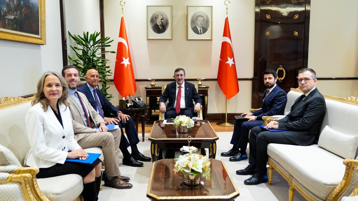 Vice President Cevdet Yılmaz (C) attends a meeting with U.S. Ambassador to Ankara Tom Barrack (3-L) and his delegation, Ankara, Türkiye, Jan. 15, 2025. (AA Photo)