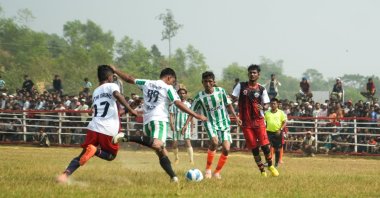 Football players in action during the third Rohingya Football Tournament, Cox’s Bazar camps, Bangladesh, Jan. 14, 2026. (Courtesy of TIKA)