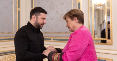 Ukraine's President Volodymyr Zelenskyy welcomes International Monetary Fund (IMF) Managing Director Kristalina Georgieva before their meeting, Kyiv, Ukraine, Jan. 15, 2026. (Reuters Photo)