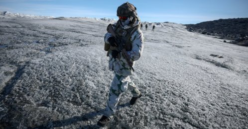 A member of the French armed forces walks on ice during a military drill in Kangerlussuaq, Greenland, Sept. 17, 2025. (Reuters Photo)