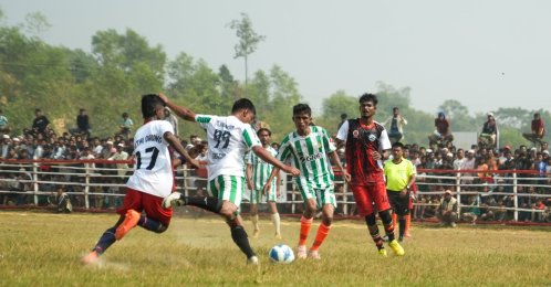 Football players in action during the third Rohingya Football Tournament, Cox’s Bazar camps, Bangladesh, Jan. 14, 2026. (Courtesy of TIKA)